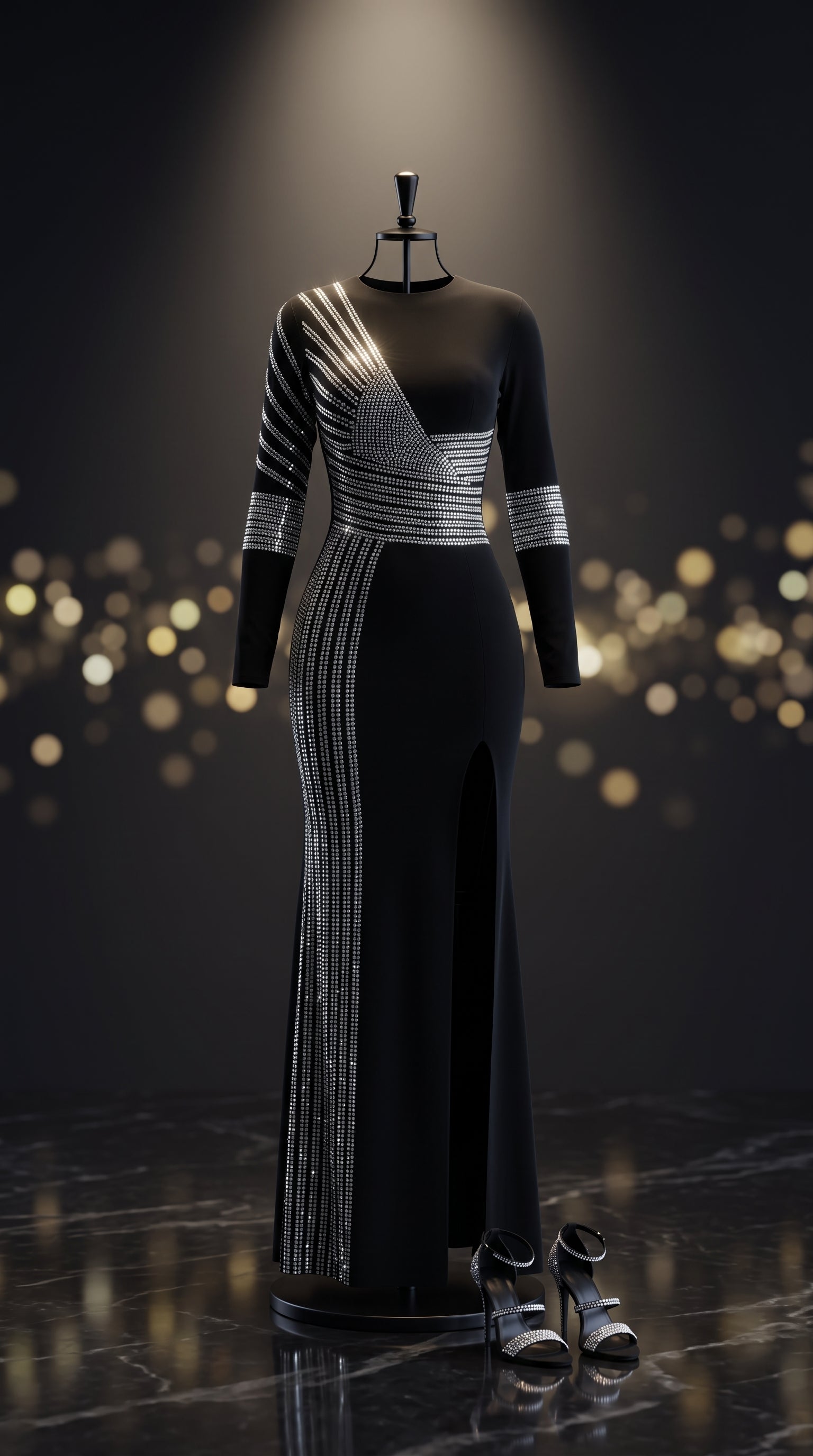 Black Rhinestone Slit Maxi Dress